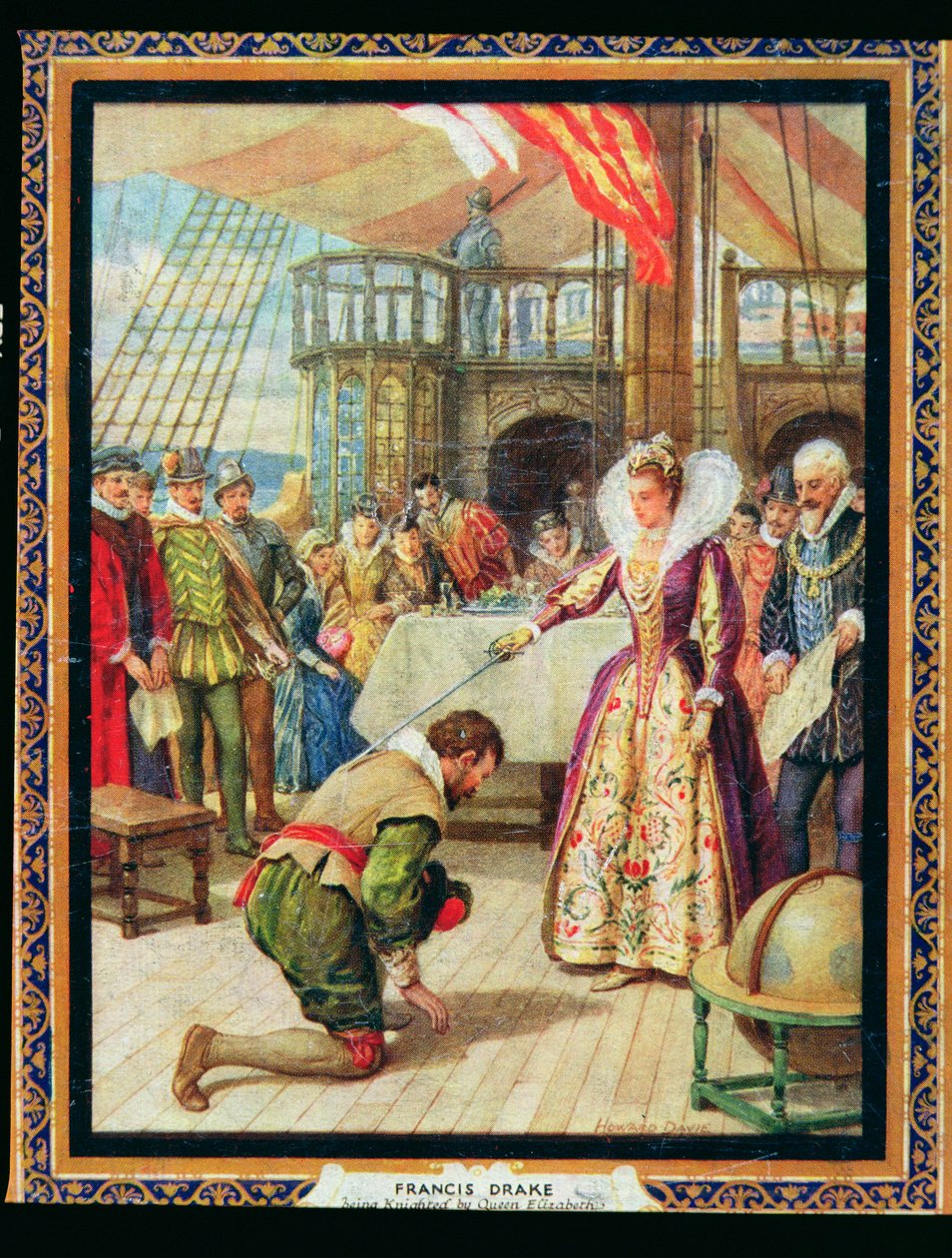 Koningin Elizabeth I (1530-1603) riddert Francis Drake (1540-96), illustratie uit 