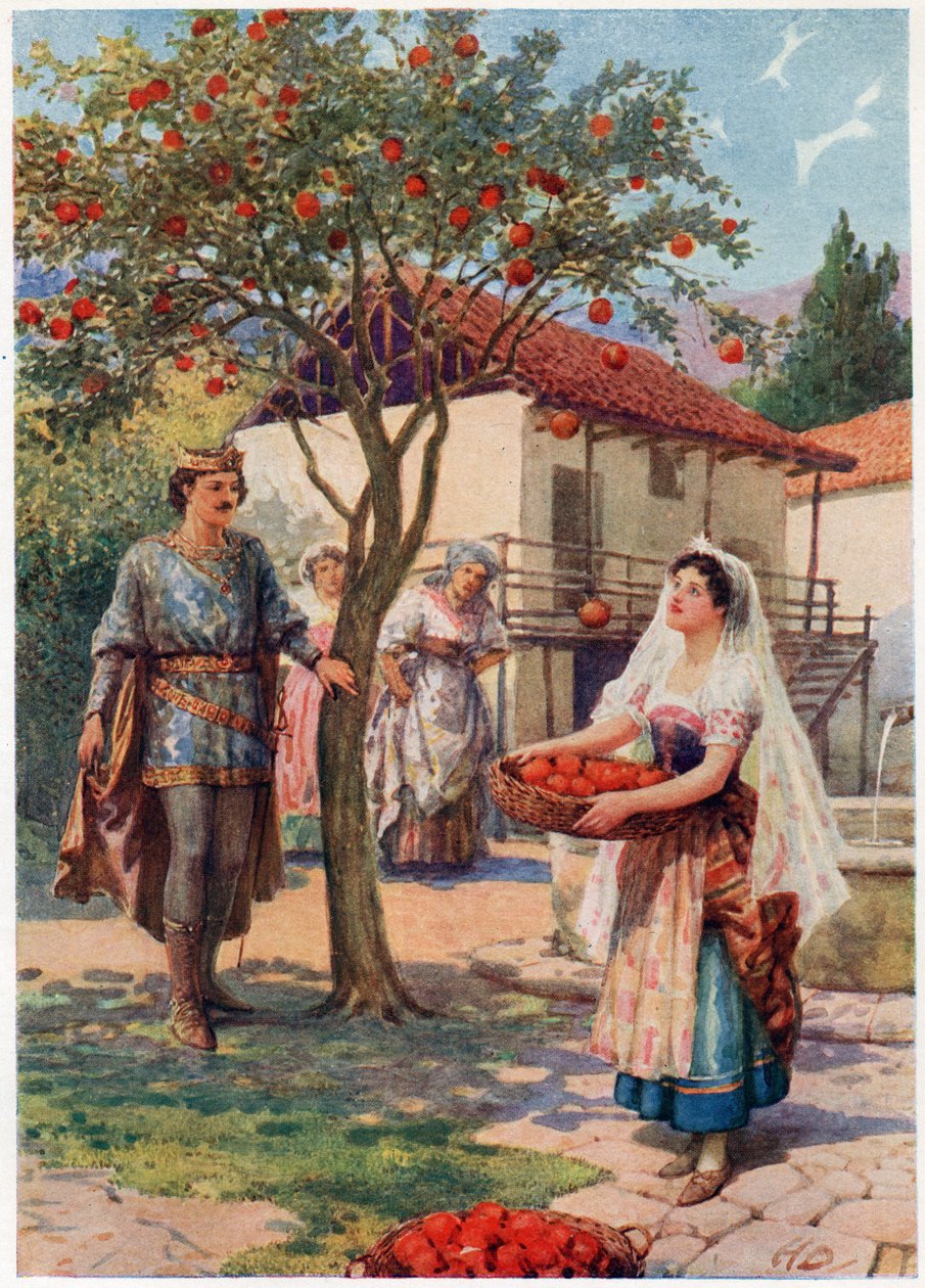De vrucht viel vanzelf in de mand, uit Italiaanse sprookjes, door Lilia E. Romano, gepubliceerd door Raphael Tuck & Sons door Howard Davie