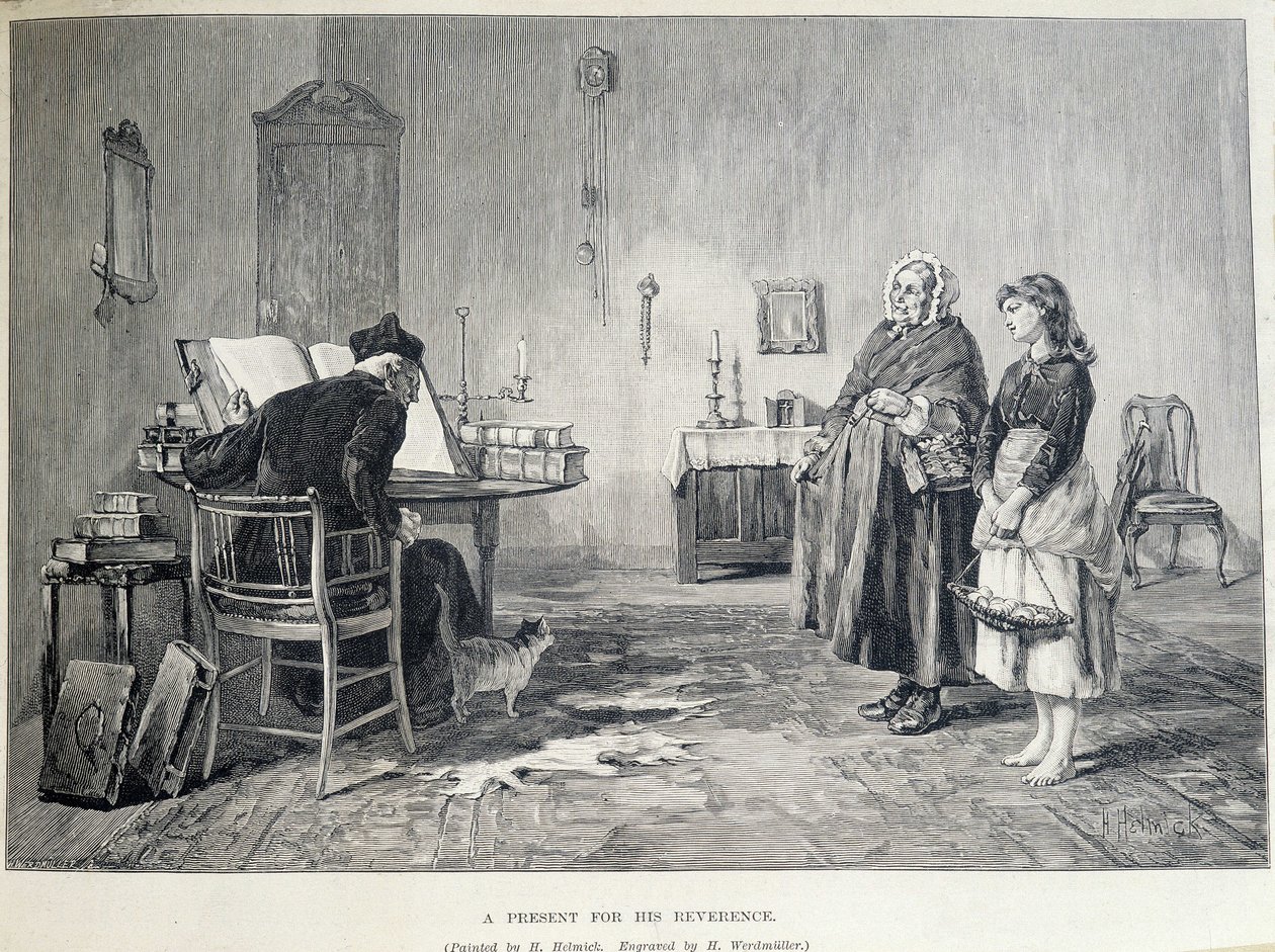 Twee Ierse vrouwen brengen een geschenk aan een religieus persoon. Gravure door H. Werdmuller naar het schilderij van H. Helmick in de 19e eeuw. door Howard Helmick