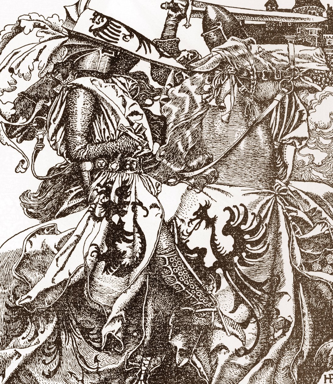 Arthurlegende: Kay (Keu), ridder van de ronde tafel, breekt zijn zwaard bij een toernooi (Sir Kay, ridder van de ronde tafel, breekt zijn zwaard bij een toernooi) Illustratie door Howard Pyle (1853-1911) uit “Het verhaal van koning Arthur en zijn ridders”  door Howard Pyle