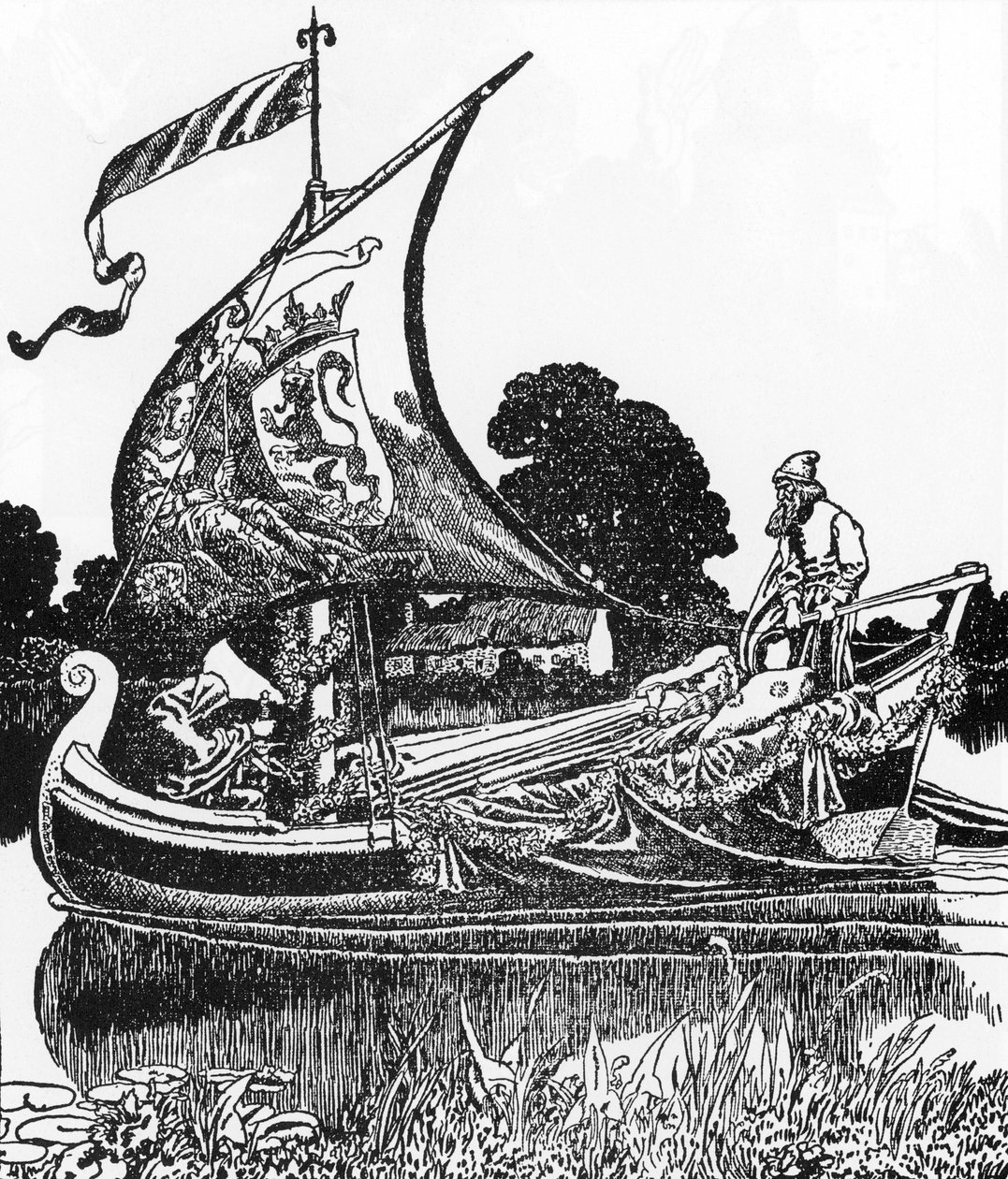Arthurlegende: De boot van de doden brengt het lichaam van koning Arthur Illustratie door Howard Pyle (1853-1911) uit “Het verhaal van Sir Launcelot en zijn metgezellen” 1907 Privécollectie door Howard Pyle