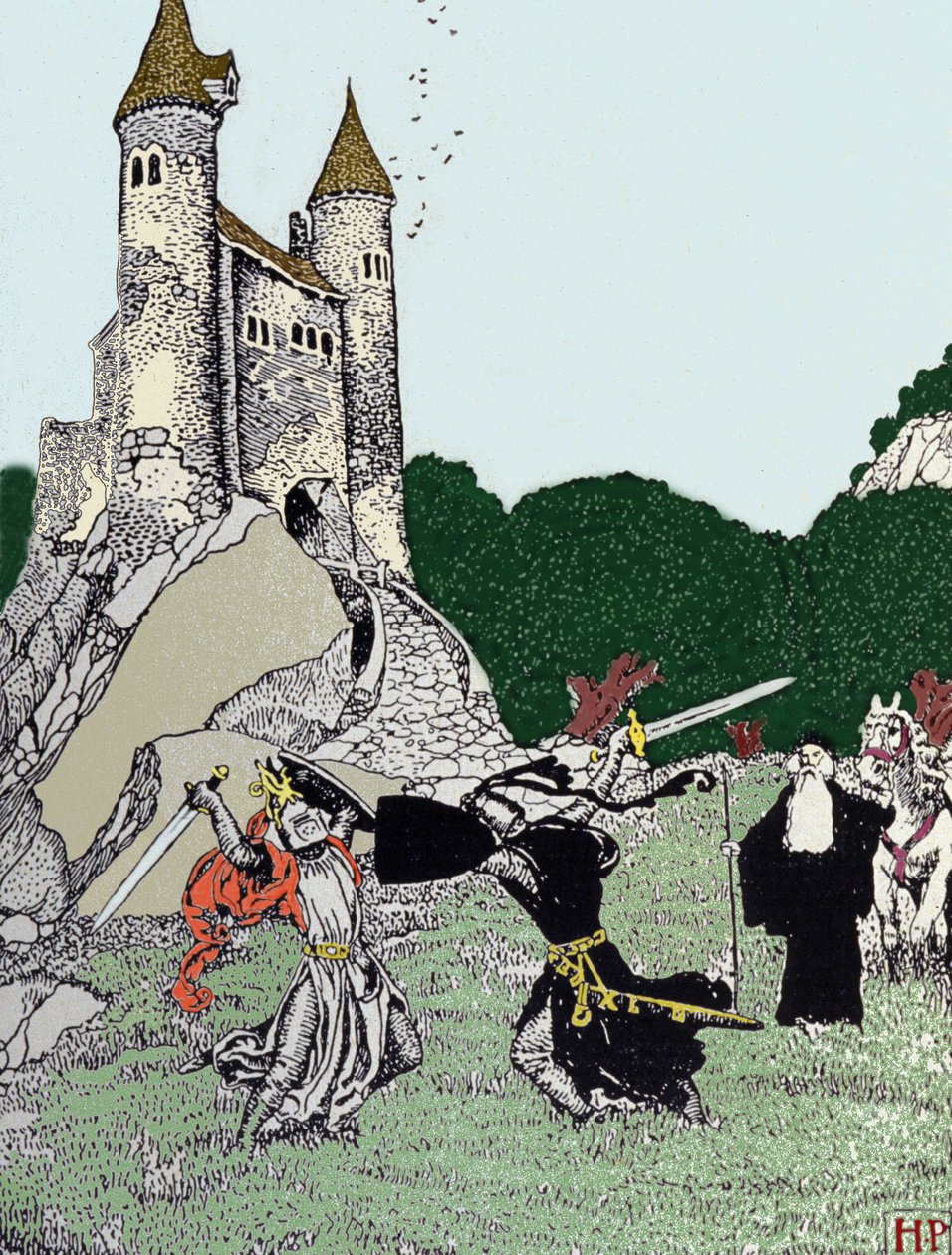 Strijd tussen Koning Arthur en de zwarte ridder in aanwezigheid van Merlijn de tovenaar. Illustratie door Howard Pyle (1853 - 1911) door Howard Pyle