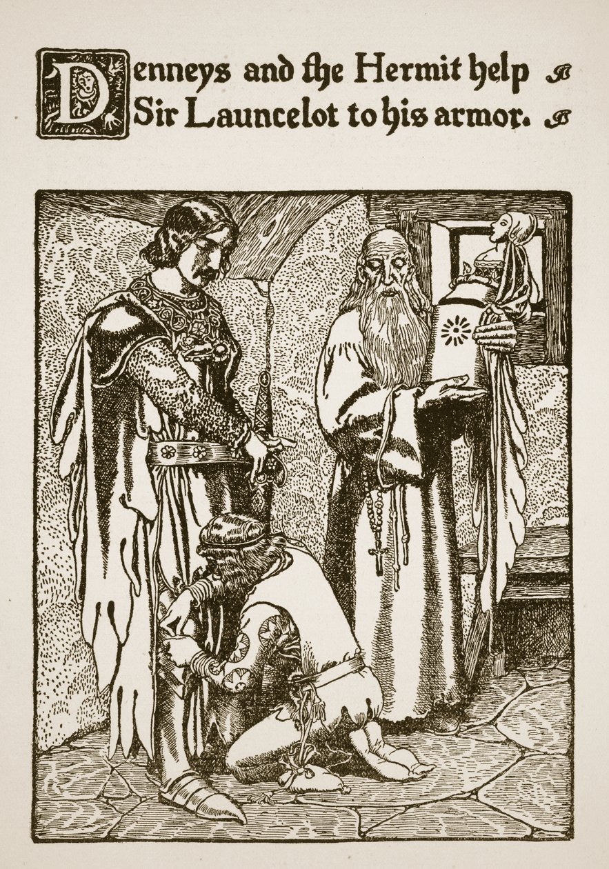 Denneys en de kluizenaar helpen Sir Launcelot met zijn harnas, illustratie uit 