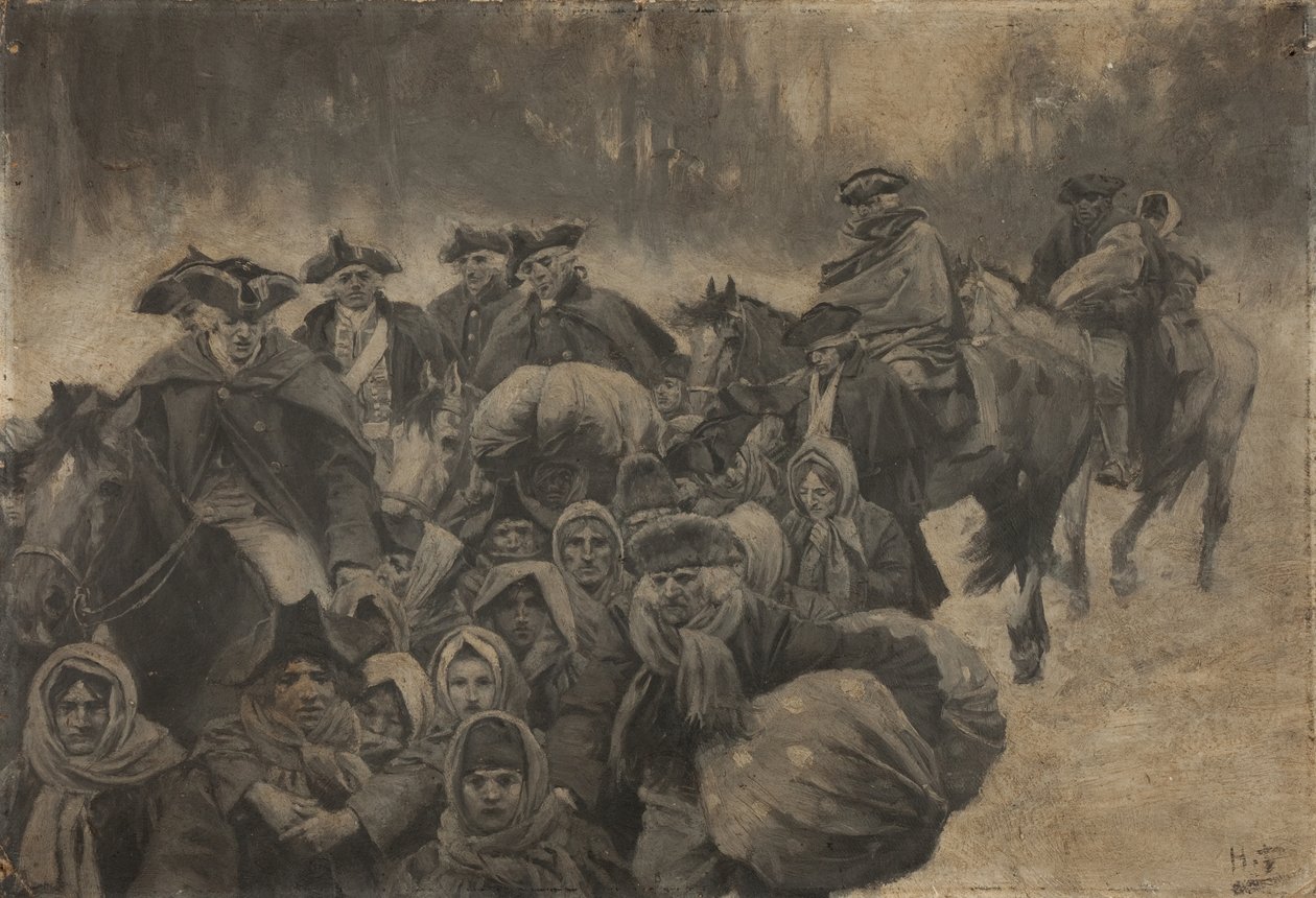 Vijf rood geklede soldaten te paard, met een andere gehuld tot de ogen...omringd door een bont gezelschap van arme mensen, jong en oud door Howard Pyle