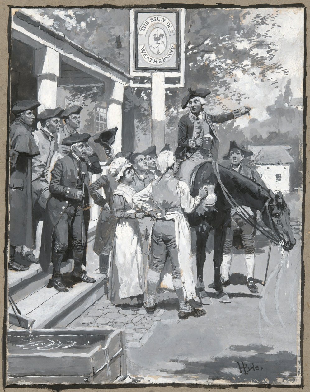 Hij Stopt bij het Teken van de Weerhaan, tekening van de illustratie voor het gedicht door Howard Pyle
