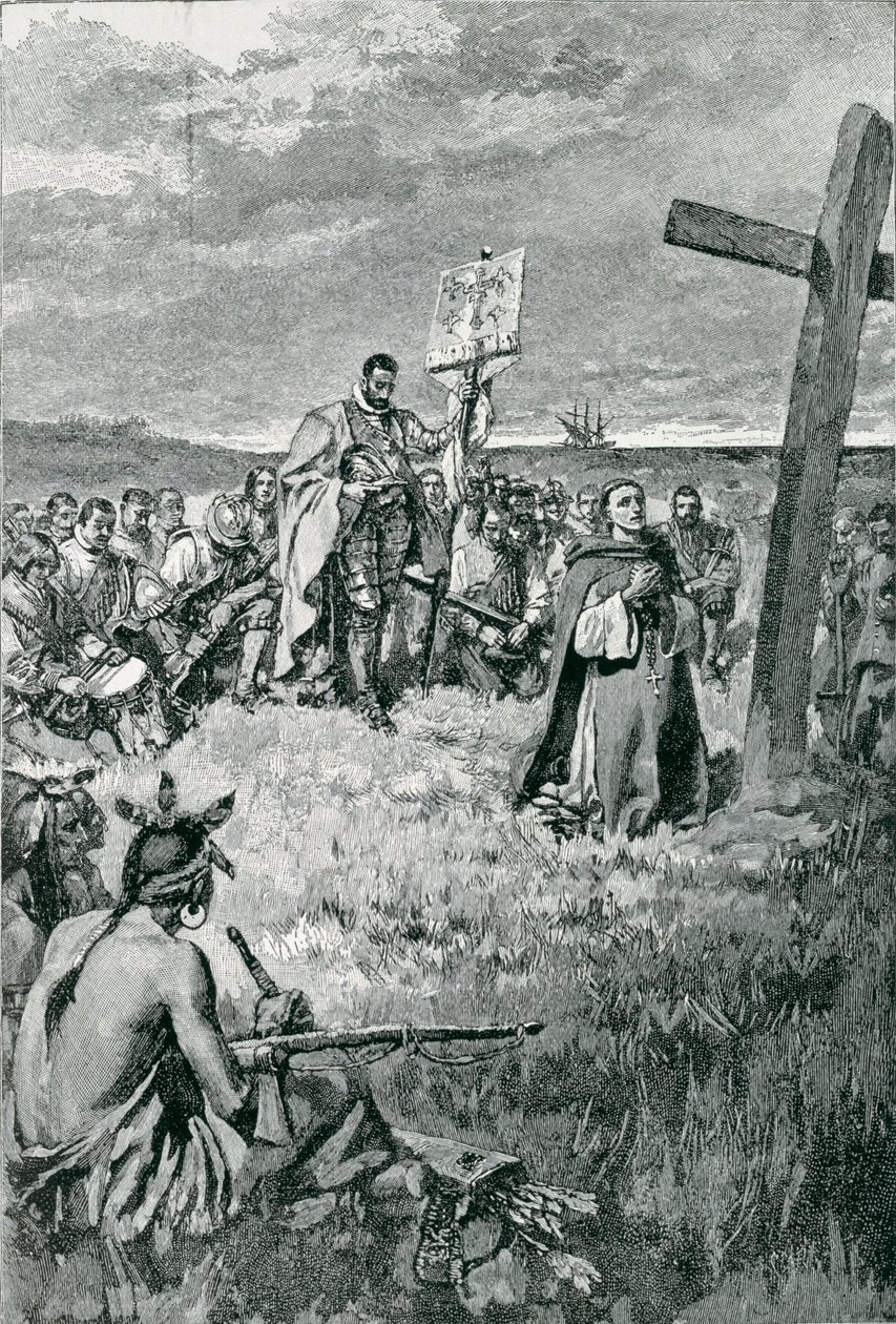 Jacques Cartier (1491-1557) zet een kruis op in Gaspe, illustratie uit 