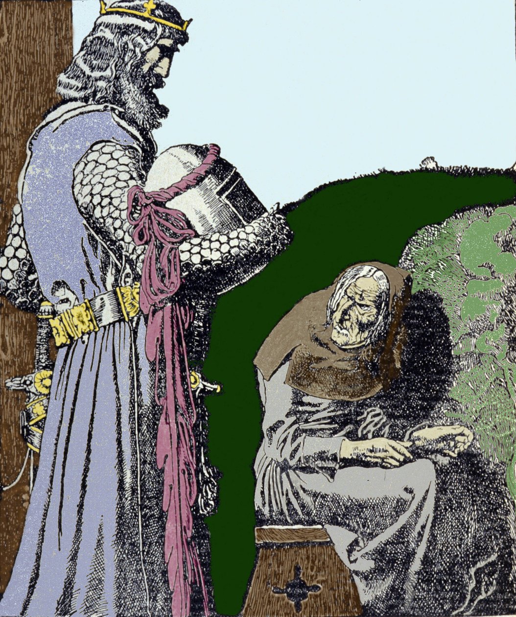 Koning Arthur (Artus) en de heks. Illustratie door Howard Pyle (1853 - 1911), Amerikaanse illustrator. door Howard Pyle