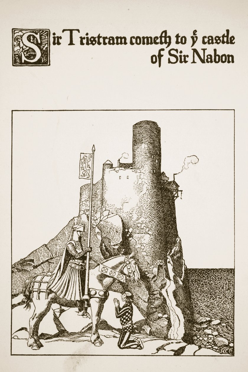 Sir Tristram komt naar het kasteel van Sir Nabon, illustratie uit 