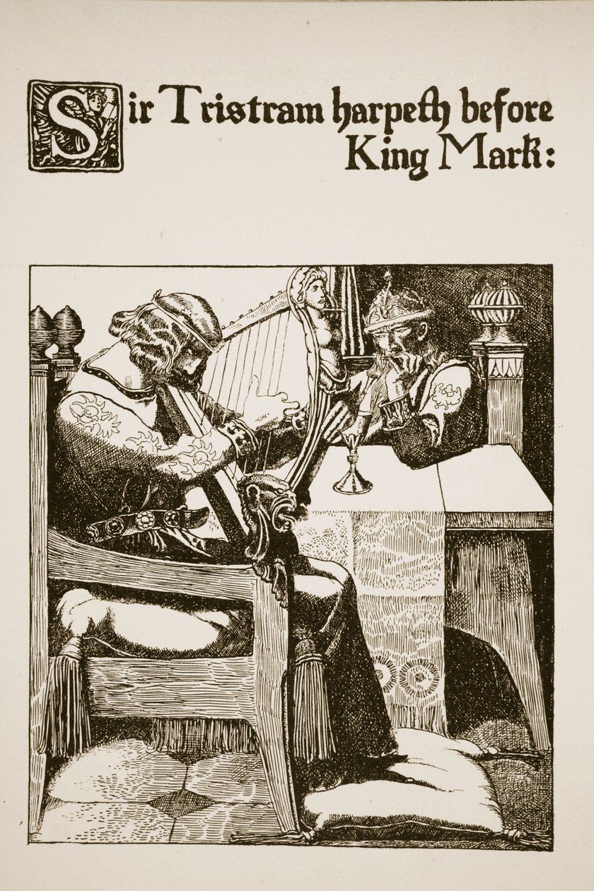 Sir Tristram speelt harp voor Koning Mark, illustratie uit 