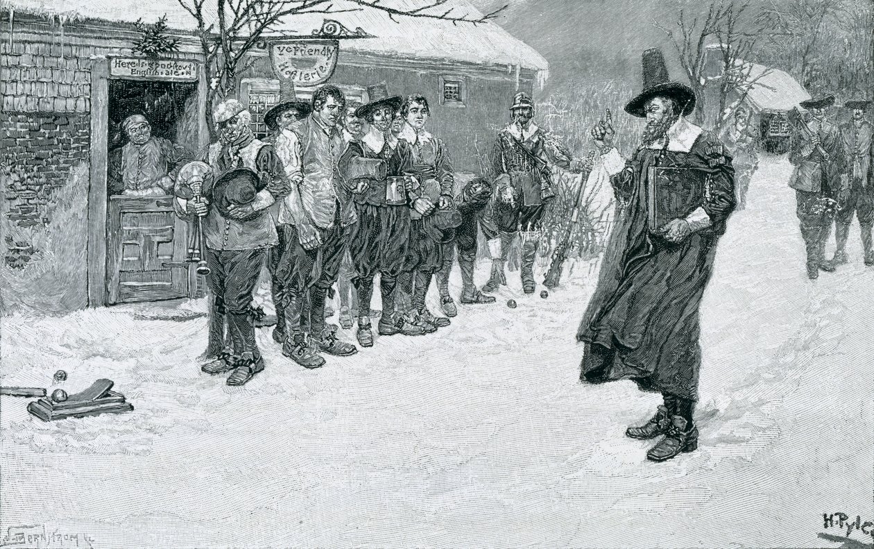 De puriteinse gouverneur onderbreekt de kerstspelen, gegraveerd door J. Bernstrom, illustratie uit 