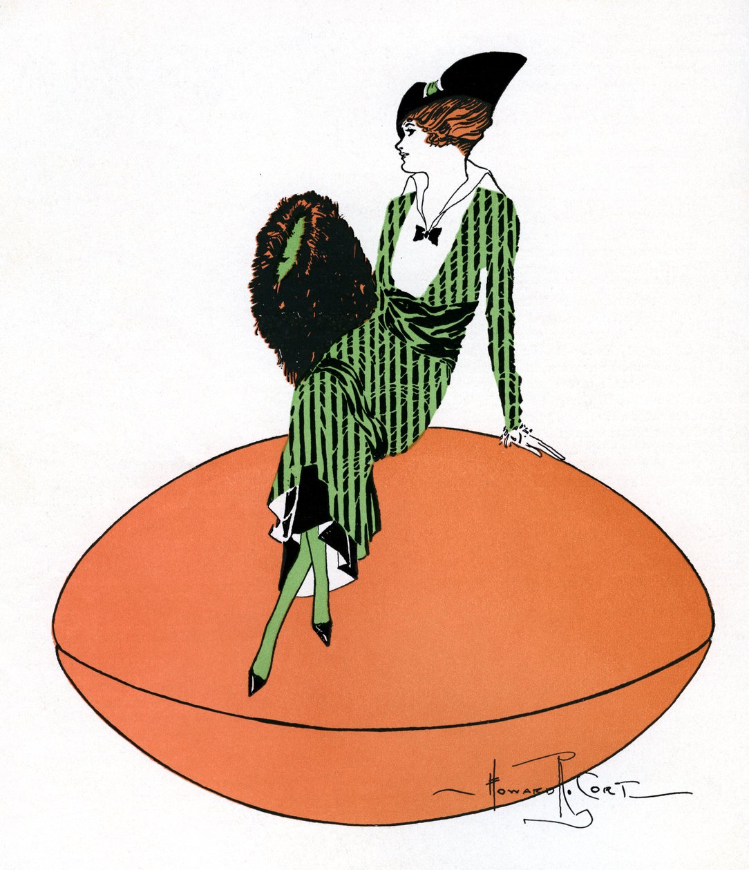 Vintage illustratie van een flapper zittend op een gigantische voetbal door Howard R. Cort