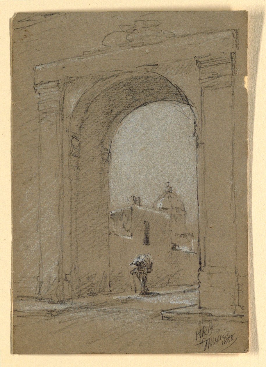 Tekening, Een stadspoort in Mexico, 1888 door Howard Russell Butler
