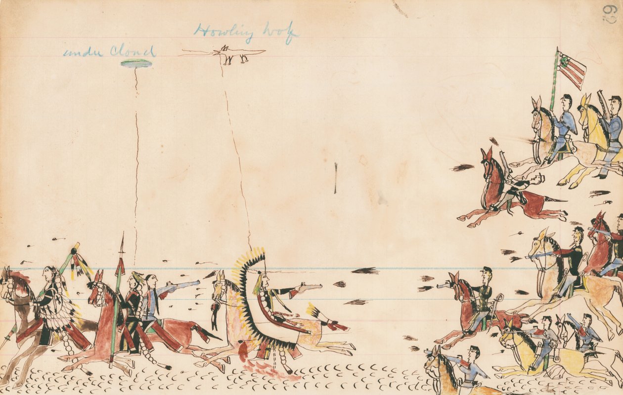 Onder Cloud en Howling Wolf vechten met Gen. Sully in 1868, 7th Cavy nabij het huidige Camp Supply, 1874-75 (pen, inkt en wc op grootboekpapier) door Howling Wolf