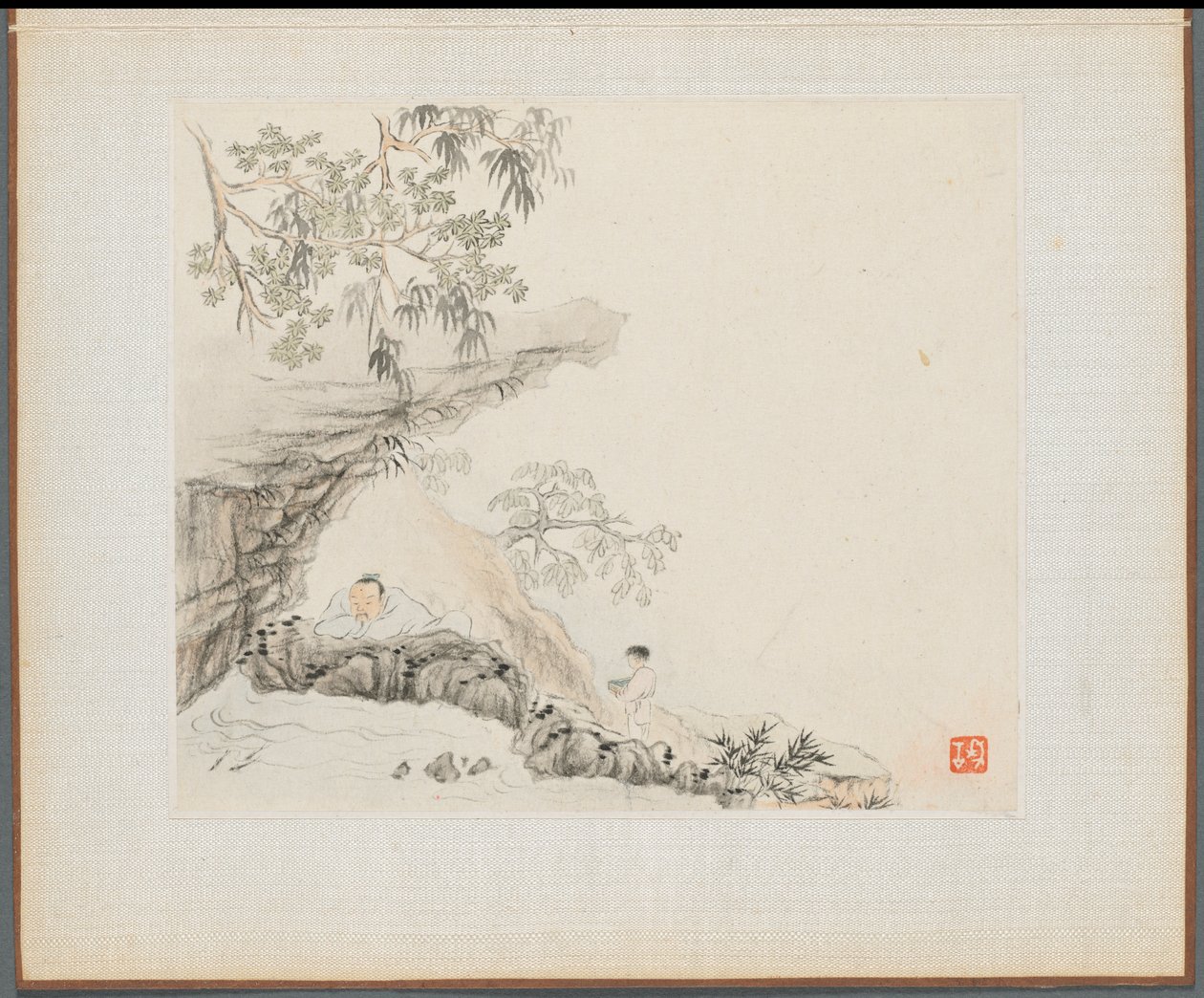 Album van Landschapsschilderijen die Oude Gedichten Illustreren: Een Man Ligt onder een Rotsachtige Overhang; een Jongen Staat aan zijn Rechterkant door Hua Yan