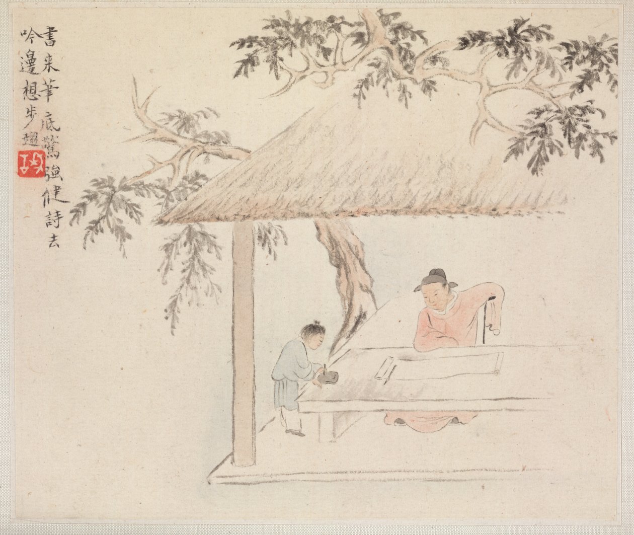 Album van Landschapsschilderijen Illustrerend Oude Gedichten: Een Man Zit aan een Tafel..., 1700s door Hua Yan