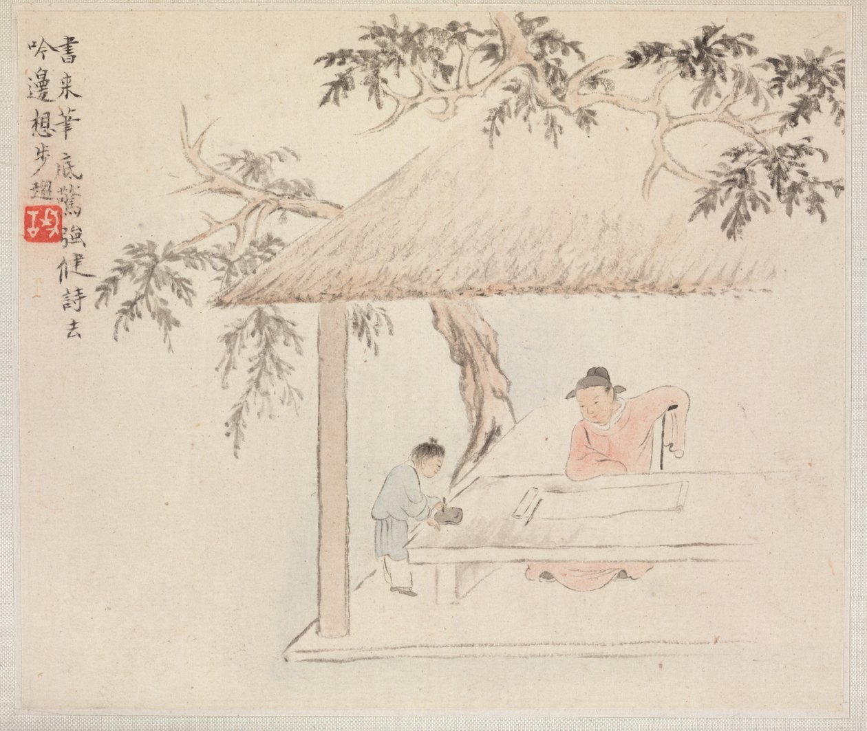 Album van Landschapsschilderijen die Oude Gedichten Illustreren: Een Man Zit aan een Tafel voor een Open Rol; een Jongen Mengt Inkt door Hua Yan
