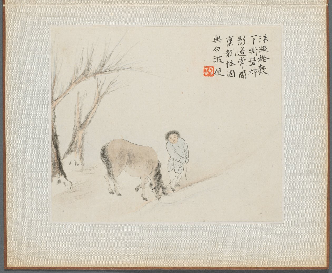 Album van Landschapsschilderijen die Oude Gedichten Illustreren: Een Man en een Paard bij een Stroom door Hua Yan