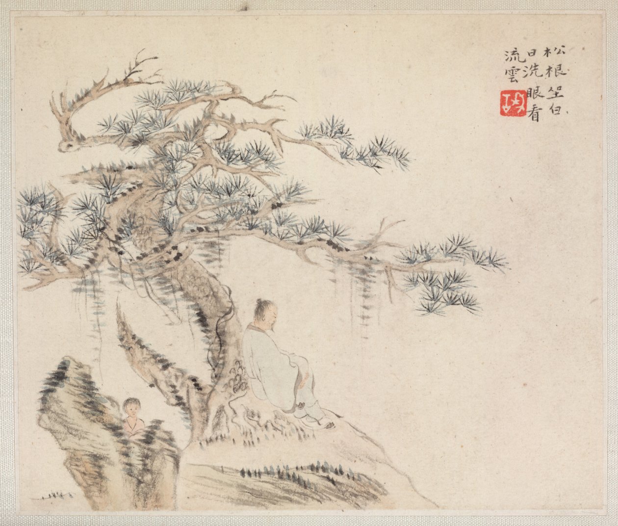 Album van landschapschilderijen die oude gedichten illustreren: Een oude man zit onder een dennenboom door Hua Yan
