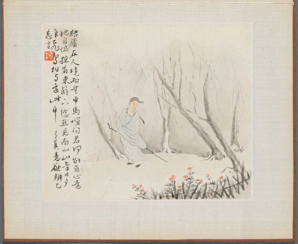 Album van landschapschilderijen ter illustratie van oude gedichten: Een oude man met een staf, 1700s door Hua Yan