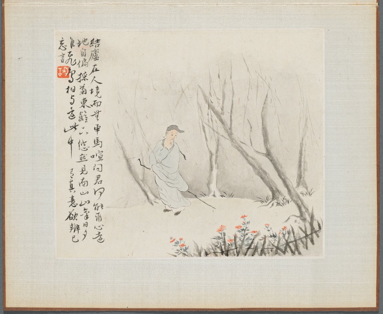 Album van Landschapsschilderijen die Oude Gedichten Illustreren: Een Oude Man met een Staf loopt een Beboste Weg door Hua Yan