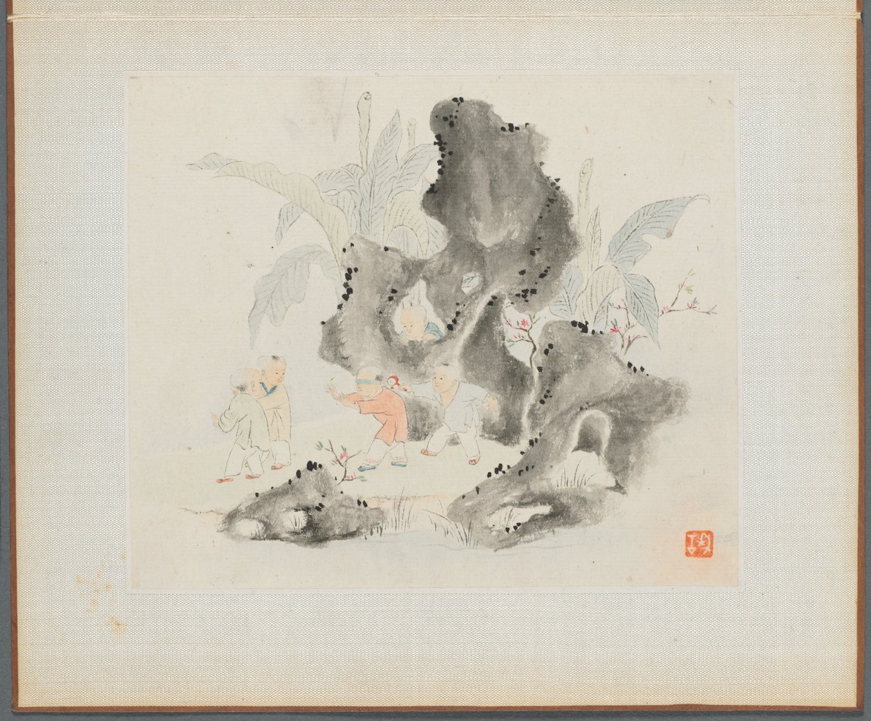 Album van landschapsschilderijen die oude gedichten illustreren: Kinderen spelen in een rotsachtige bos, 1700s door Hua Yan