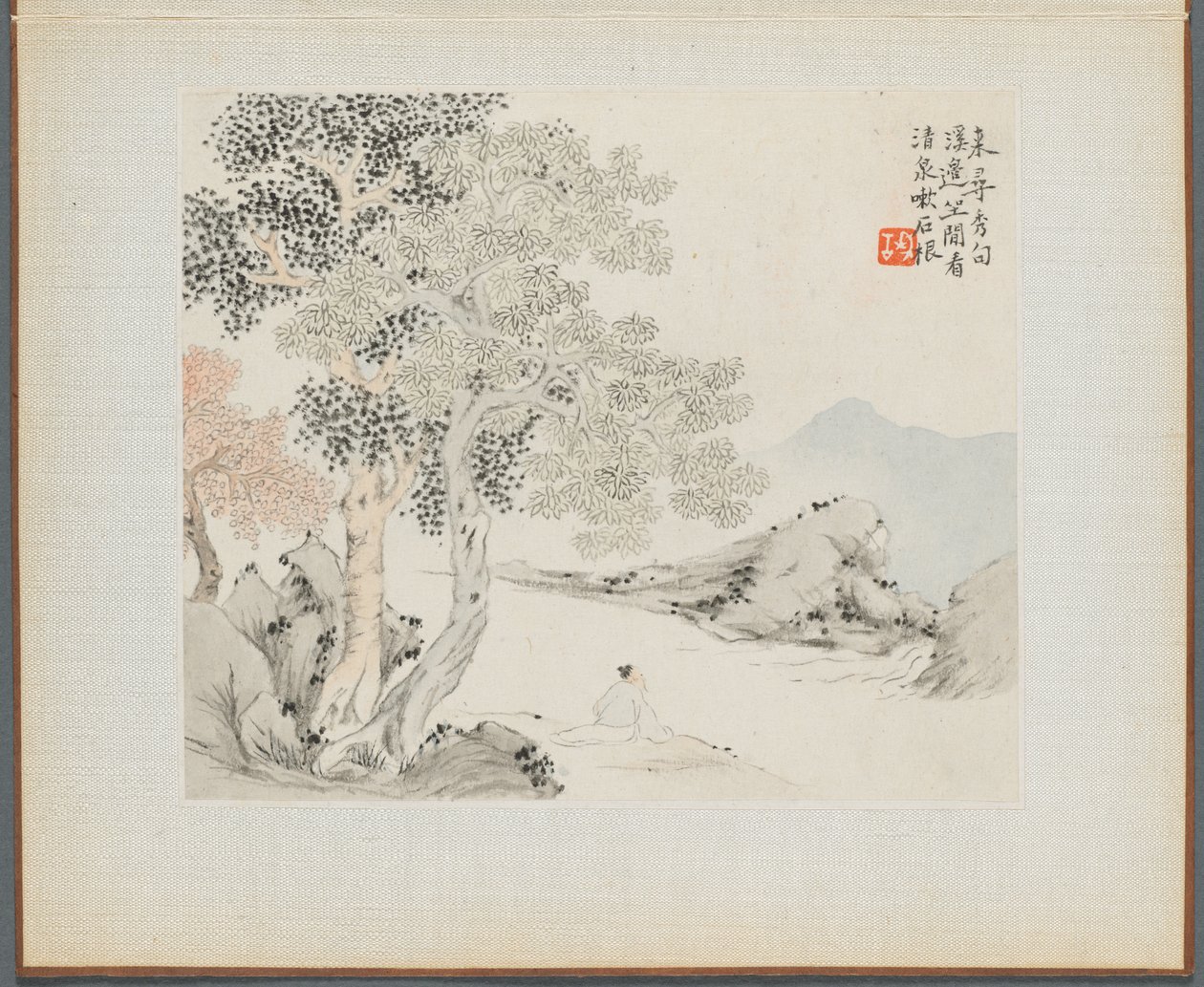 Album van Landschapsschilderijen die Oude Gedichten Illustreren: Drie Grote Bomen, een Stroom... door Hua Yan