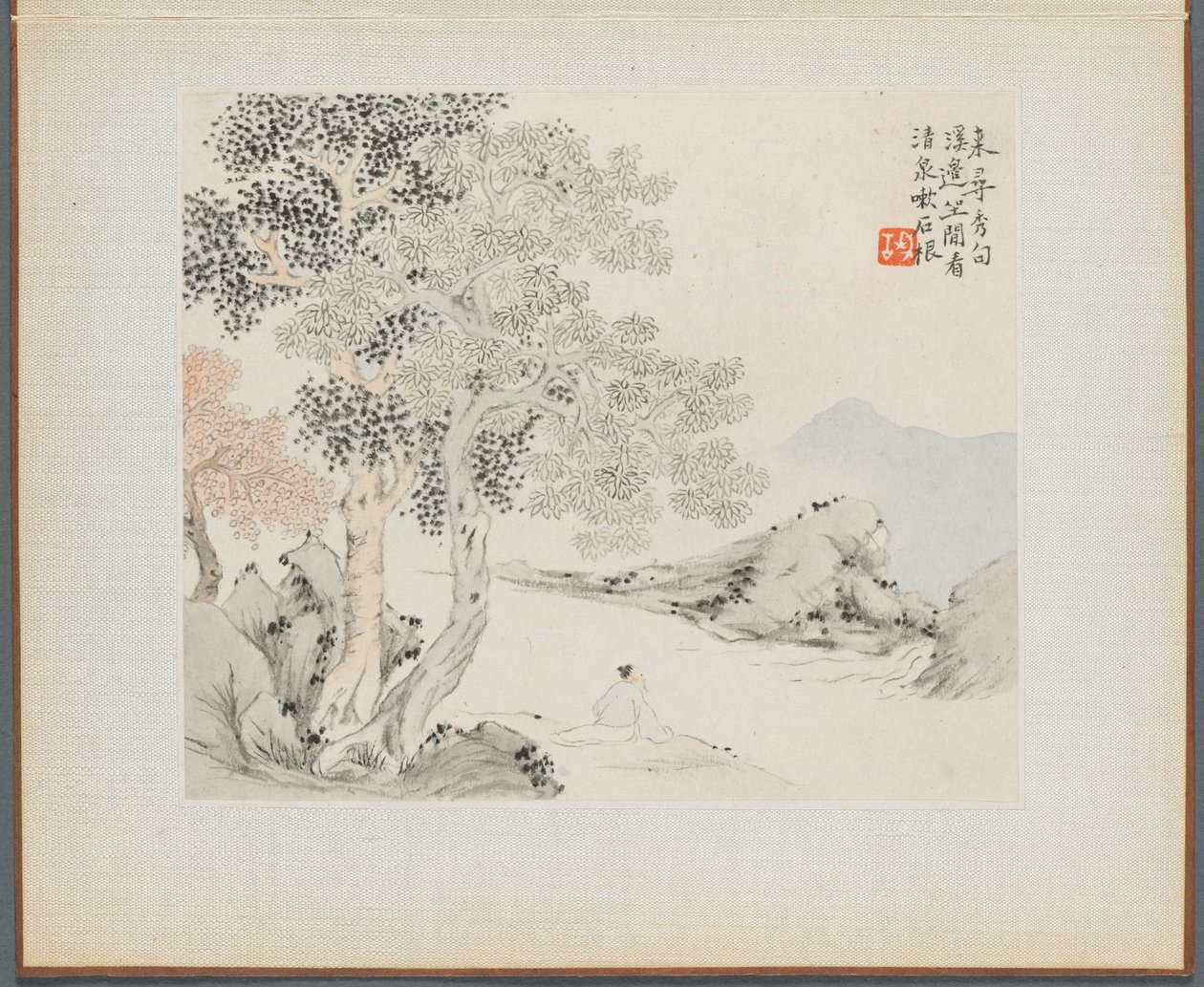 Album van Landschapsschilderijen die Oude Gedichten Illustreren: Drie Grote Bomen, een Stroom met een Oude Man Zittend aan de Oever door Hua Yan