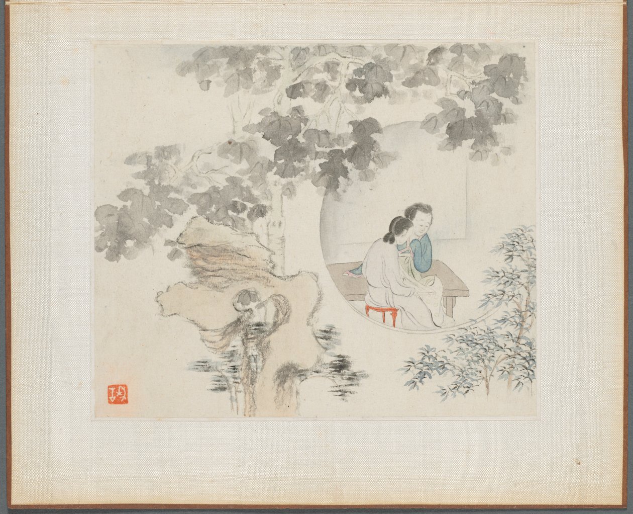 Album van Landschapsschilderijen die Oude Gedichten Illustreren: Twee Vrouwen Zitten aan een Tafel binnen een Cirkel Zichtbaar in een Landschap door Hua Yan