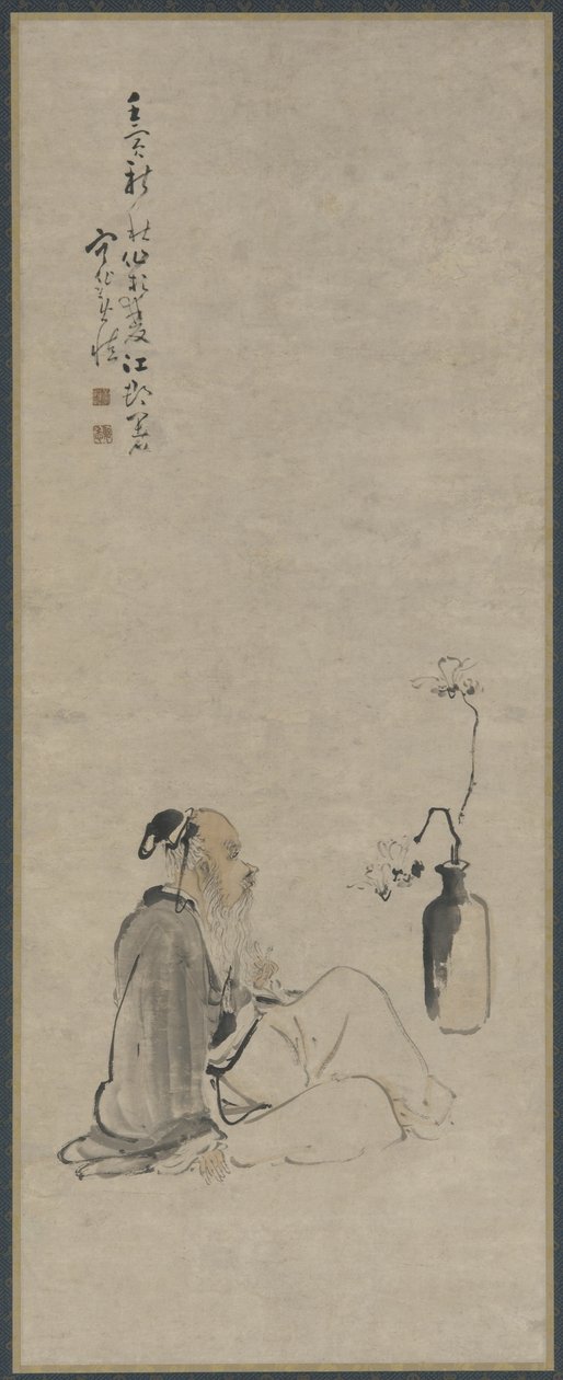 Oude man die naar takken van magnolia in een vaas kijkt, Qing-dynastie, 1722 door Huang Shen