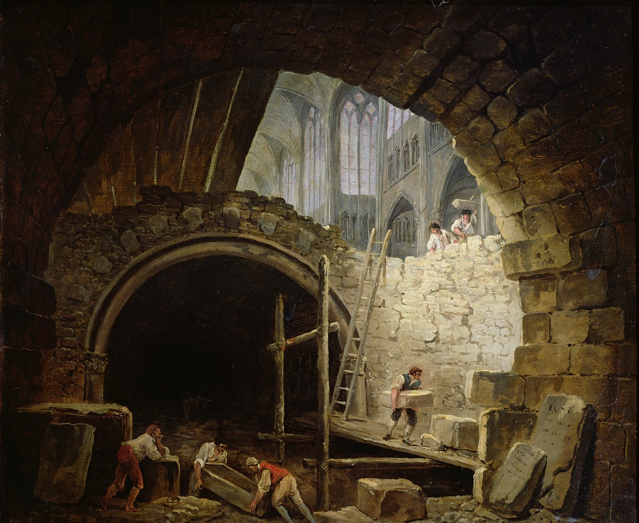 Plundering van de koninklijke gewelven in St. Denis in oktober 1793 door Hubert Robert