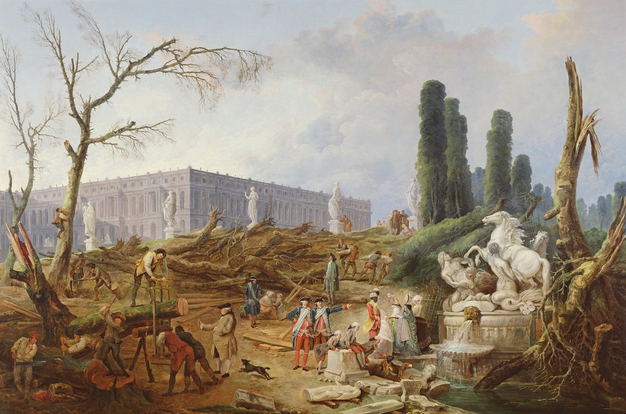 Bomen kappen in de tuin van Versailles rond de baden van Apollo, 1775-77 door Hubert Robert