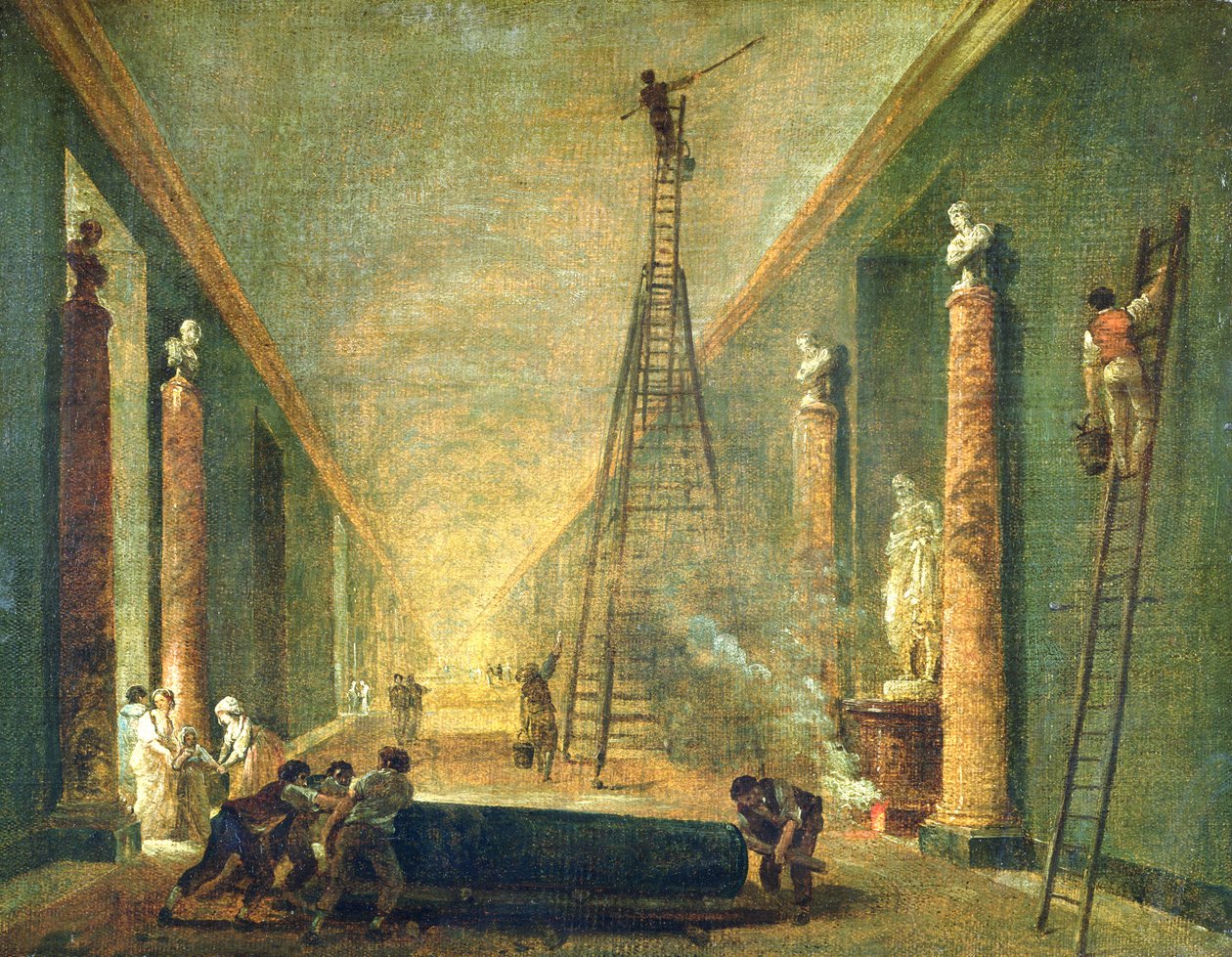 Zicht op de Grote Galerij van het Louvre tijdens restauratie, 1798-99 door Hubert Robert