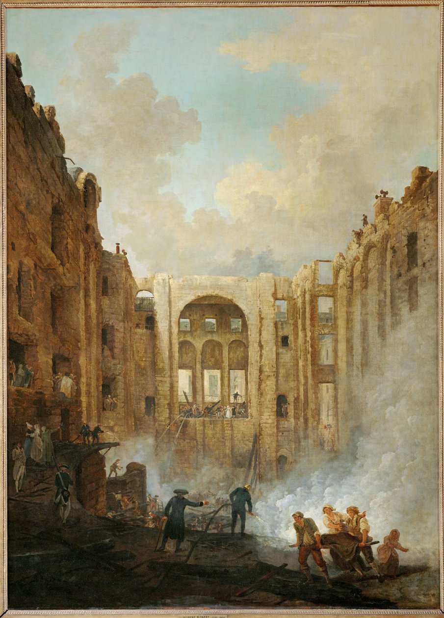 De brand in het Palais Royal in ... door Hubert (circle of) Robert
