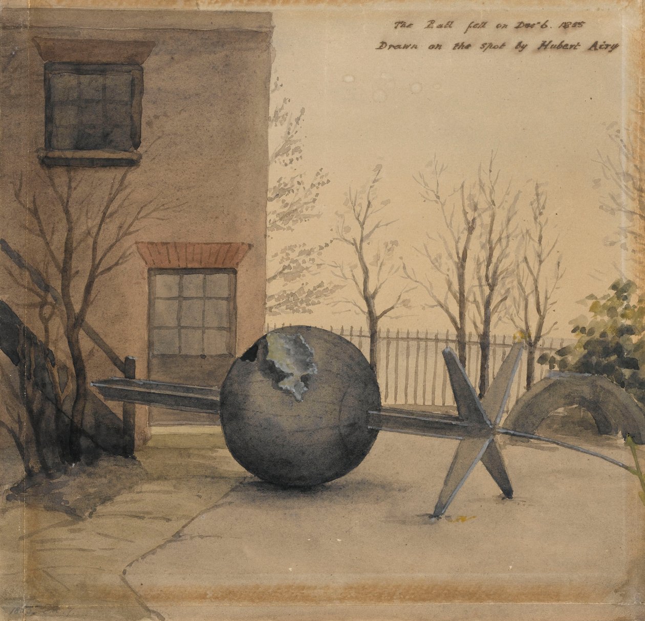 Gevallen tijdsbal in de binnenplaats van het Koninklijk Observatorium, Greenwich, dec 1855 door Hubert Airy
