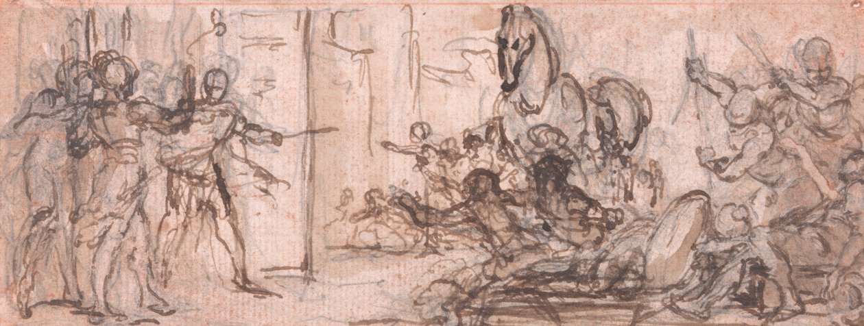Ontwerp voor een gravure: Slag om Troje met het Paard van Troje door Hubert Francois Gravelot