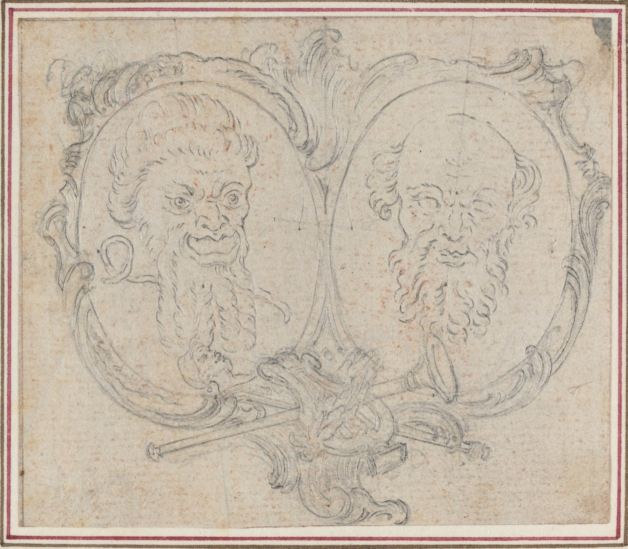 Dubbele Cartouche met Twee Hoofden en Symbolen van Roem en Dwaasheid door Hubert Francois Gravelot