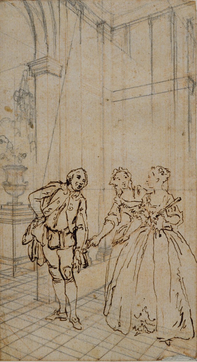 Literaire illustratie met heer en twee dames in interieur door Hubert Francois Gravelot