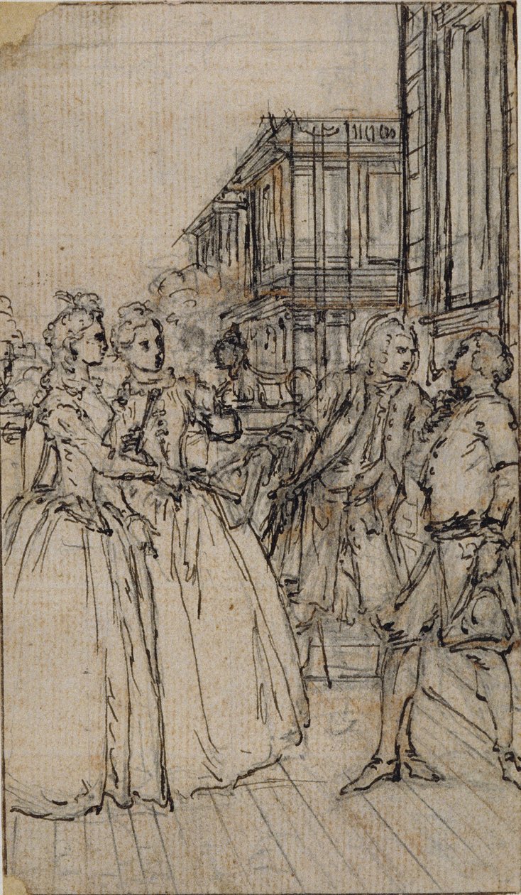 Literaire illustratie met twee dames en twee heren in een straat door Hubert Francois Gravelot
