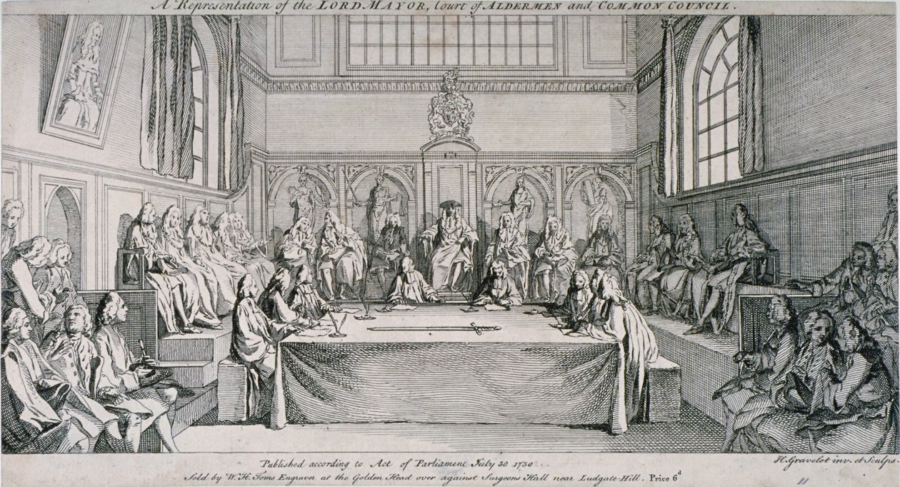 Vergadering in de Guildhall Council Chamber, City of London door Hubert Francois Gravelot
