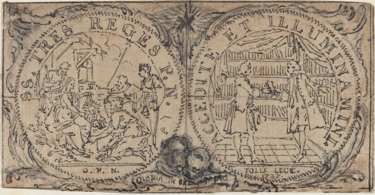 Ornamentale medaillons met de aanbidding van de wijzen en twee bibliofielen door Hubert Francois Gravelot