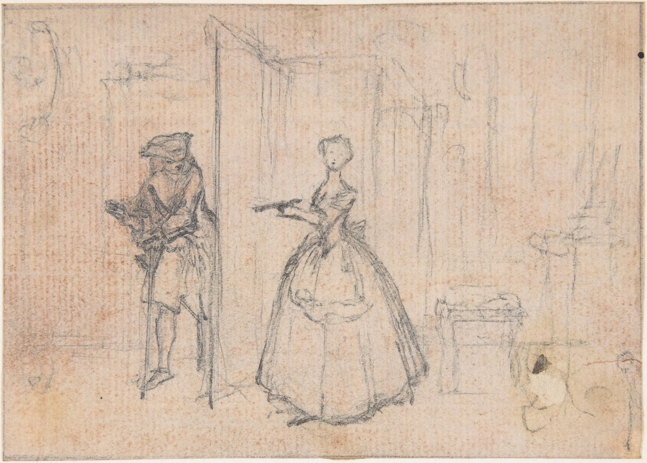 Studie voor «Haar oom bedriegen», geëtste vignette in «Liederen in de opera Flora» door Hubert Francois Gravelot