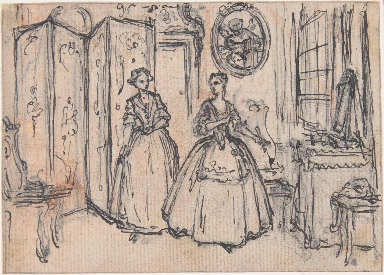 Studie voor „Over de macht van de bewaker“, geëtste vignet in „Liederen in de opera Flora“ door Hubert Francois Gravelot