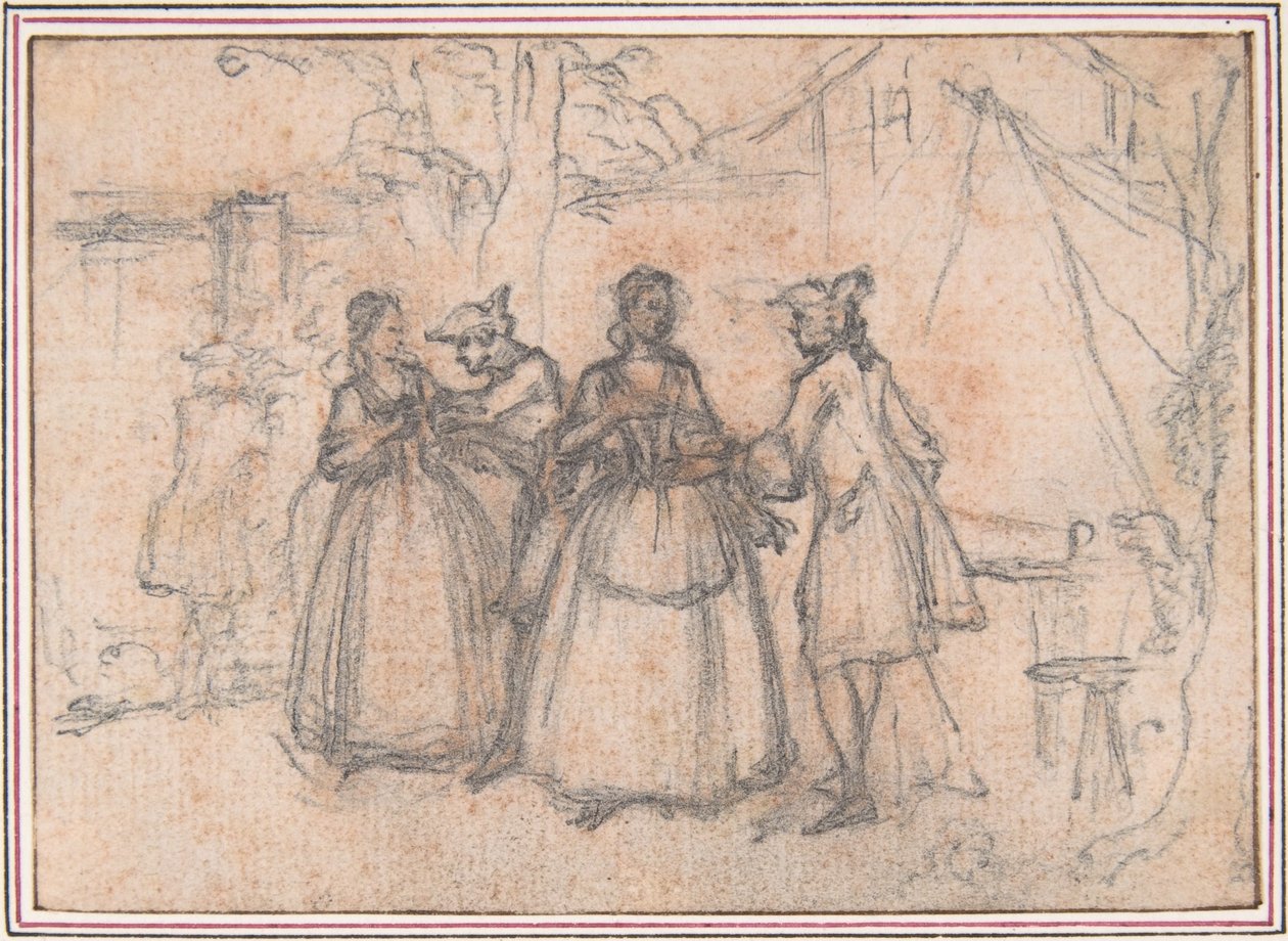 Studie voor "De verdachte jaarmarkt", geëtste vignette in "Liederen in de opera Flora" door Hubert Francois Gravelot