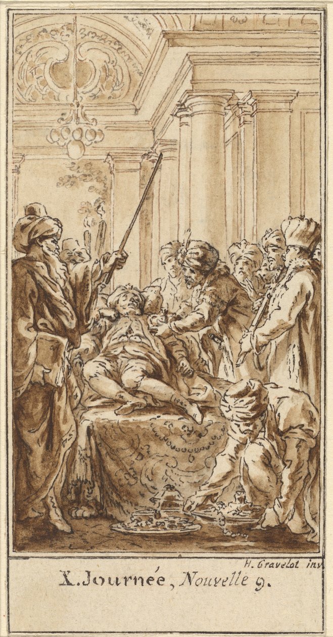Tiende dag, negende verhaal: Saladin schenkt rijke geschenken aan de slapende Torello door Hubert Francois Gravelot