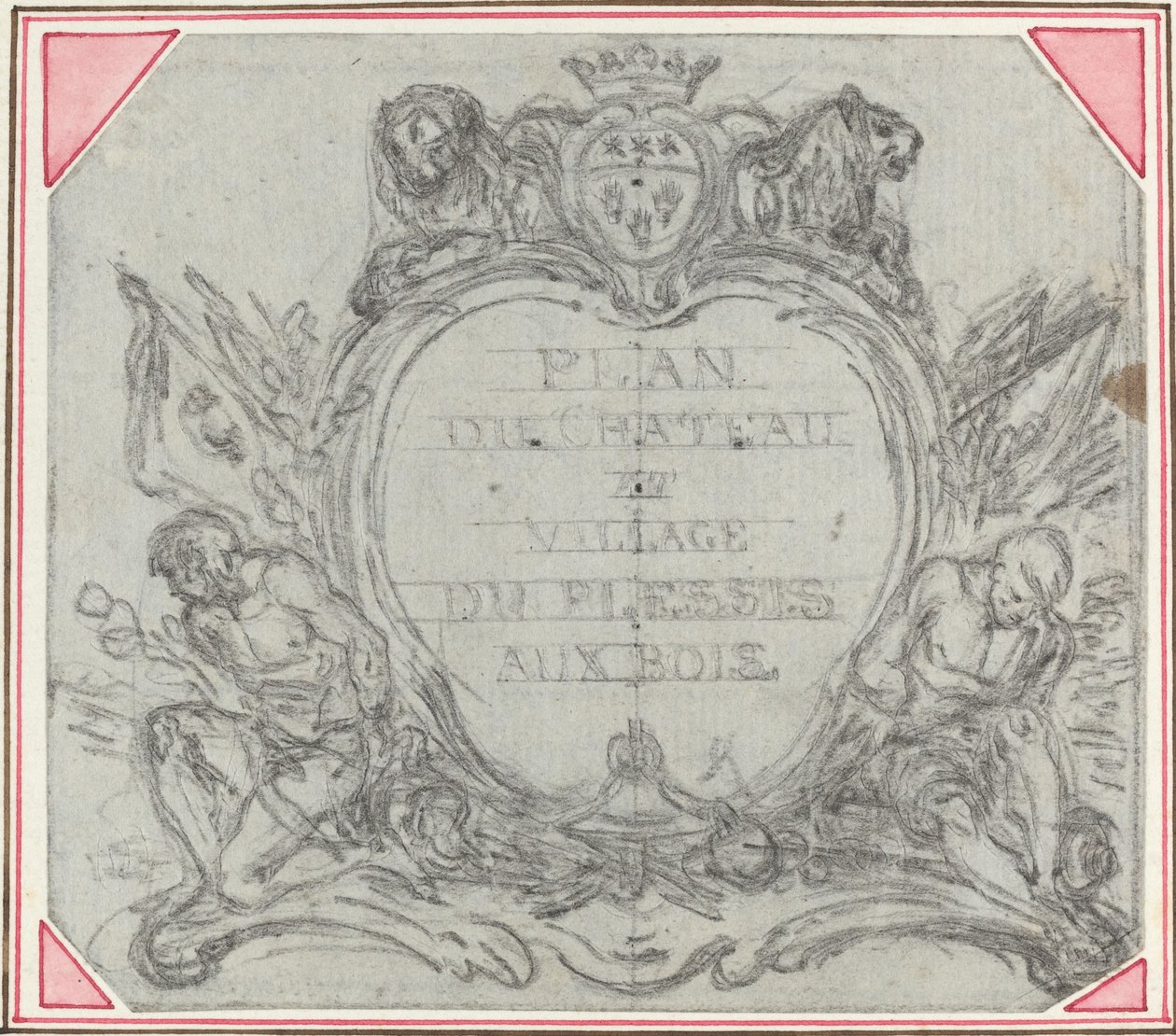 Titelcartouche voor een Kaart van het Kasteel en Dorp Le Plessis aux Bois door Hubert Francois Gravelot
