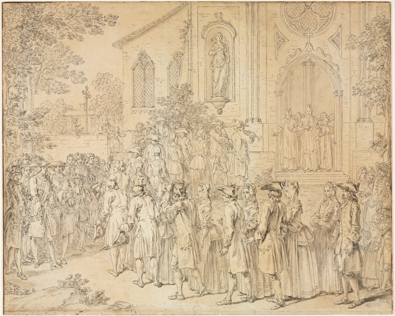 Een processie die een kerk binnengaat, 1700s door Hubert François Bourguignon Gravelot