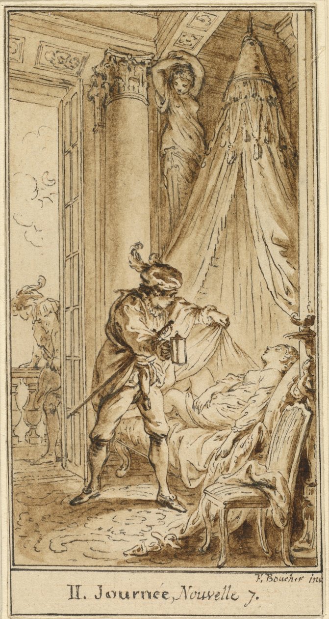 Tweede Dag, Zevende Verhaal: De Hertog van Athene Overpeinst de Slapende Prinses Alatiel door Hubert François Gravelot after François Boucher