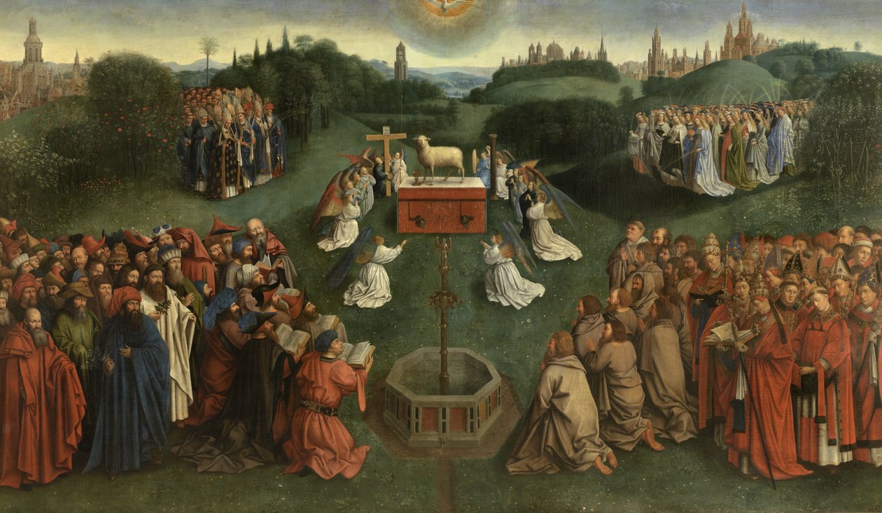 Kopie van De Aanbidding van het Mystieke Lam, van het Gentse Altaarstuk, onderste helft van het centrale paneel door Hubert & Jan van (1390 1441) (after) Eyck