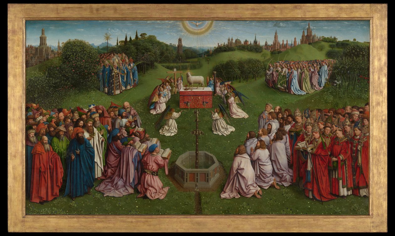 De aanbidding van het mystieke lam, uit het Gentse altaarstuk, onderste helft van het centrale paneel door Hubert & Jan van (1390 1441) Eyck