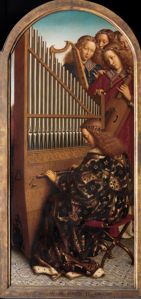 Engel muzikanten met St. Cecilia, van het Lam Gods door Hubert & Jan van (1390 1441) Eyck